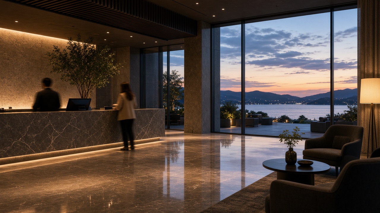 Hotel exterior at dusk