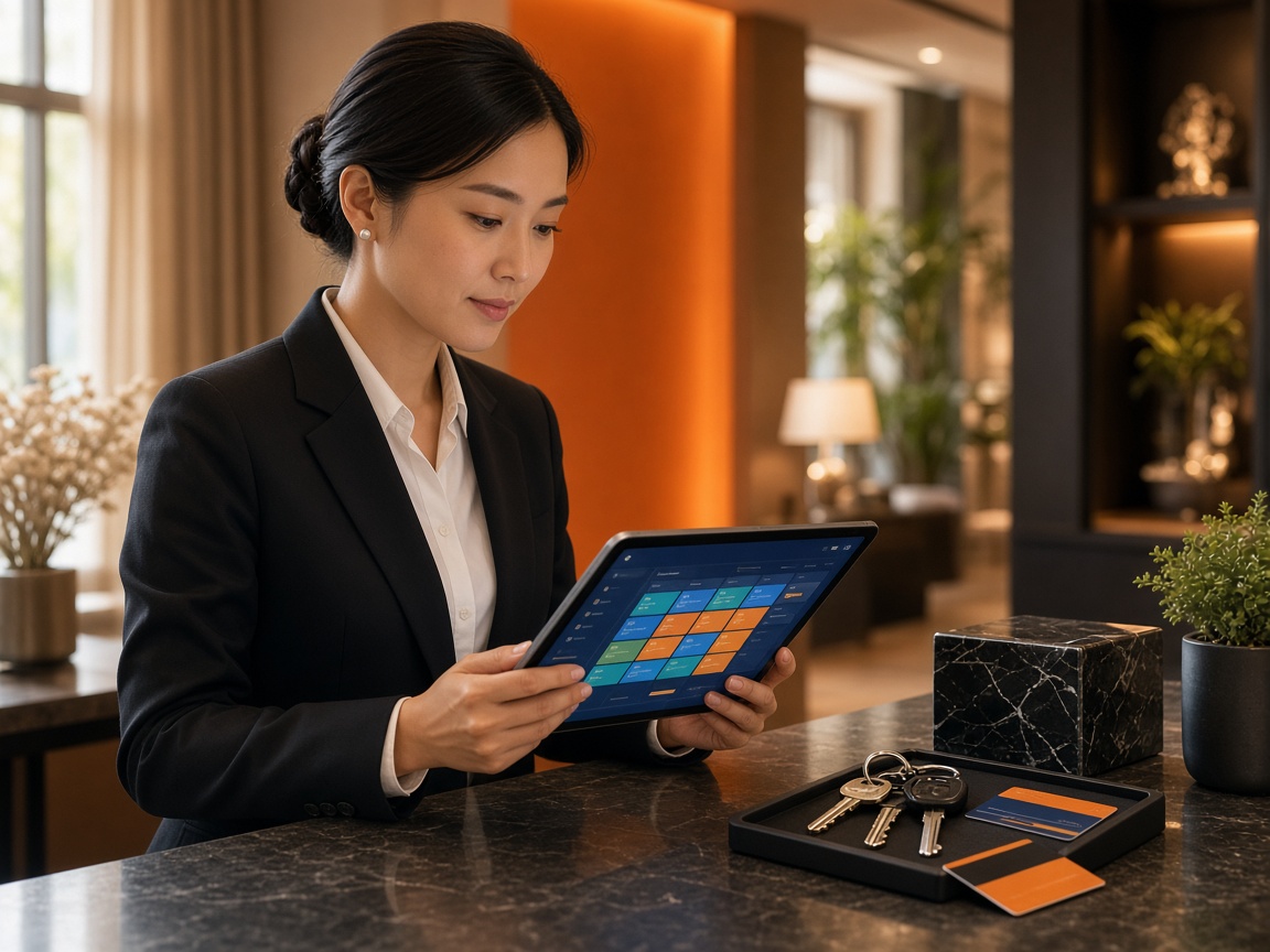 Hotel front desk with property management tools